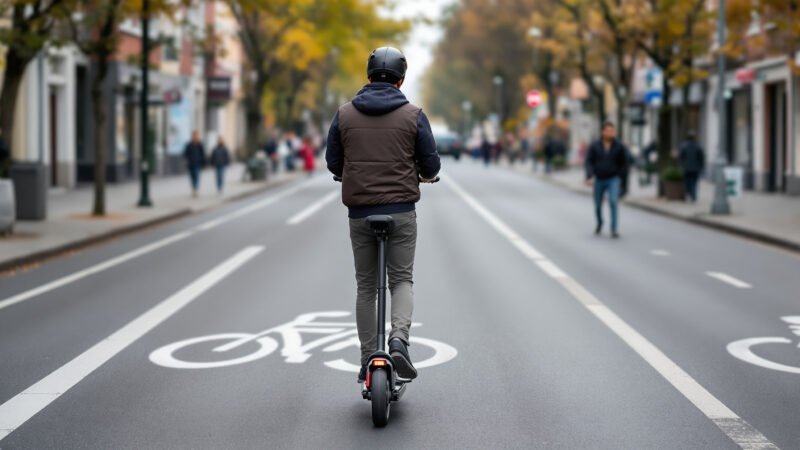 Sisakot viselő rolleres a kerékpársávban egy őszi városi utcán